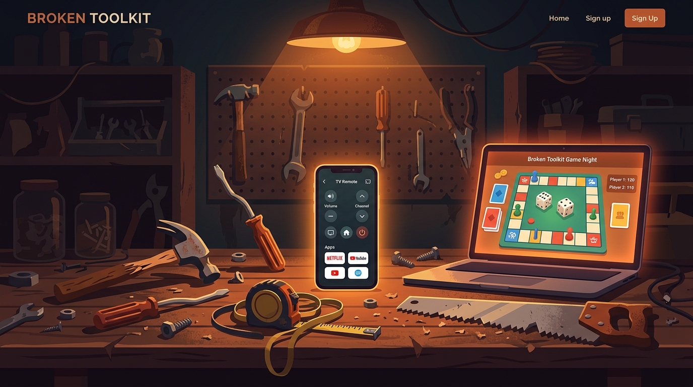 A messy workshop with broken physical tools but perfectly working digital apps