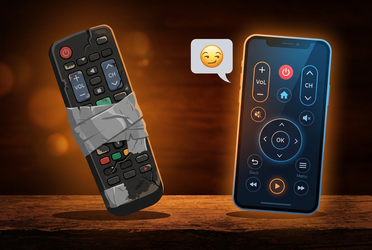 A broken physical remote next to a working TV remote app